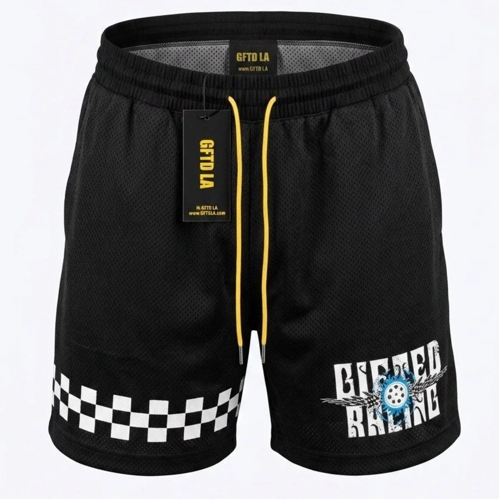 GFTD LA All Mighty Racing Shorts Mens Medium Black Mesh Graphic Drawstring NEW